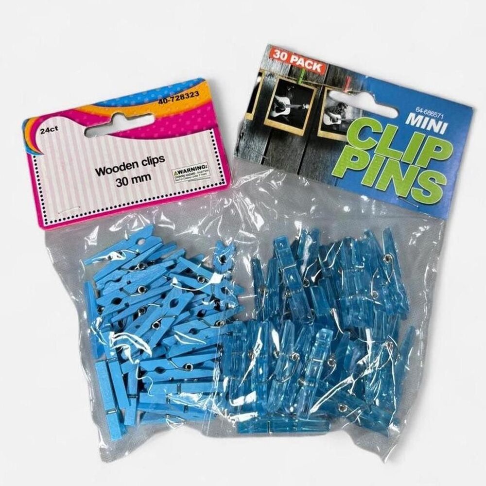 Blue mini clip pins plastic and wooden clips